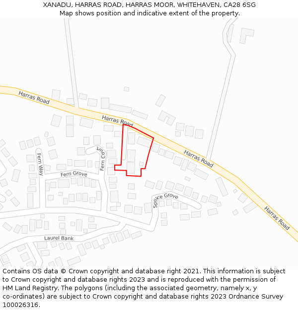 XANADU, HARRAS ROAD, HARRAS MOOR, WHITEHAVEN, CA28 6SG: Location map and indicative extent of plot
