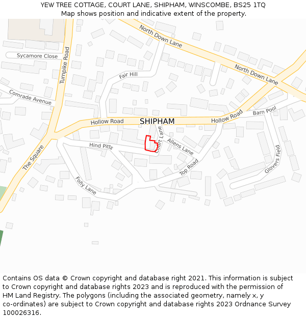 YEW TREE COTTAGE, COURT LANE, SHIPHAM, WINSCOMBE, BS25 1TQ: Location map and indicative extent of plot