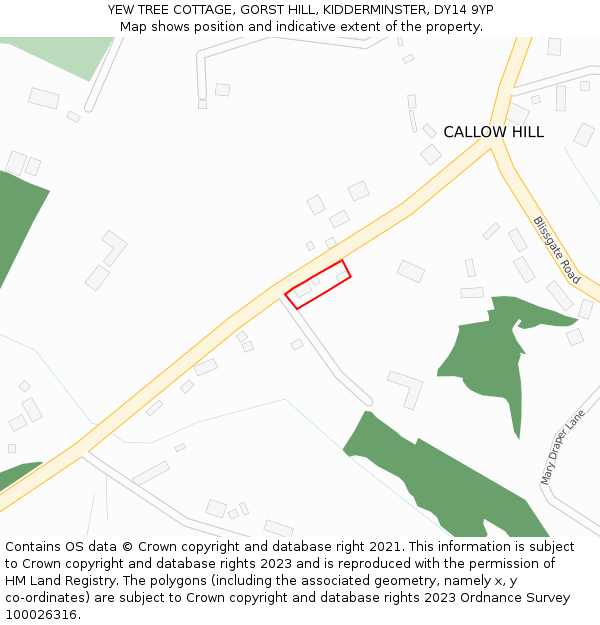 YEW TREE COTTAGE, GORST HILL, KIDDERMINSTER, DY14 9YP: Location map and indicative extent of plot