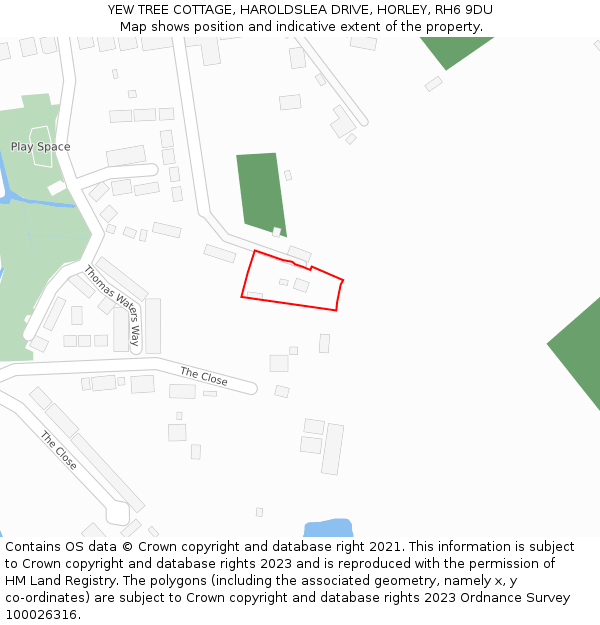 YEW TREE COTTAGE, HAROLDSLEA DRIVE, HORLEY, RH6 9DU: Location map and indicative extent of plot