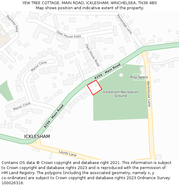 YEW TREE COTTAGE, MAIN ROAD, ICKLESHAM, WINCHELSEA, TN36 4BS: Location map and indicative extent of plot