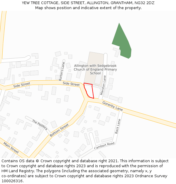 YEW TREE COTTAGE, SIDE STREET, ALLINGTON, GRANTHAM, NG32 2DZ: Location map and indicative extent of plot