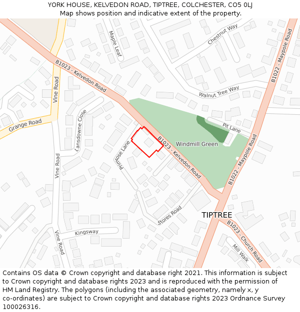YORK HOUSE, KELVEDON ROAD, TIPTREE, COLCHESTER, CO5 0LJ: Location map and indicative extent of plot