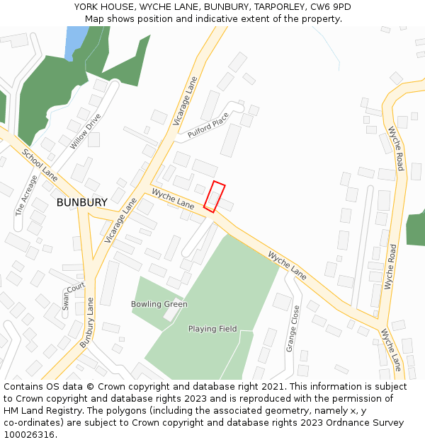 YORK HOUSE, WYCHE LANE, BUNBURY, TARPORLEY, CW6 9PD: Location map and indicative extent of plot