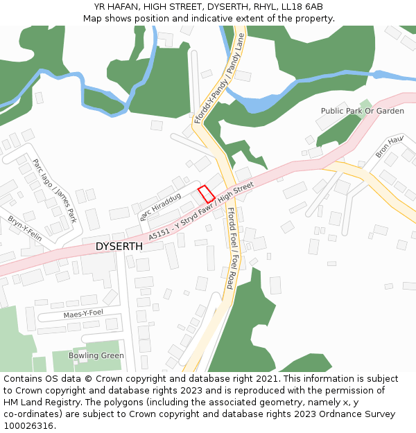 YR HAFAN, HIGH STREET, DYSERTH, RHYL, LL18 6AB: Location map and indicative extent of plot