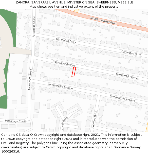 ZANORA, SANSPAREIL AVENUE, MINSTER ON SEA, SHEERNESS, ME12 3LE: Location map and indicative extent of plot