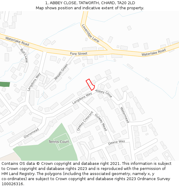 1, ABBEY CLOSE, TATWORTH, CHARD, TA20 2LD: Location map and indicative extent of plot