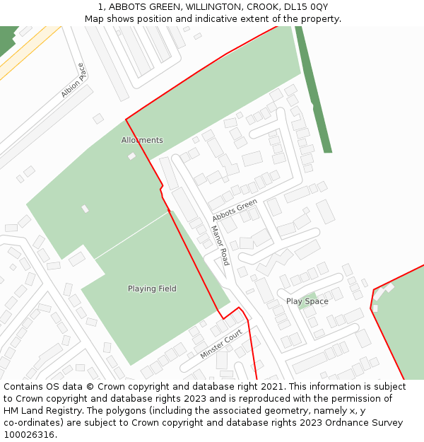 1, ABBOTS GREEN, WILLINGTON, CROOK, DL15 0QY: Location map and indicative extent of plot