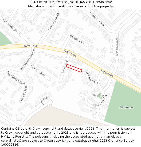 1, ABBOTSFIELD, TOTTON, SOUTHAMPTON, SO40 3GW: Location map and indicative extent of plot