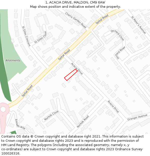 1, ACACIA DRIVE, MALDON, CM9 6AW: Location map and indicative extent of plot