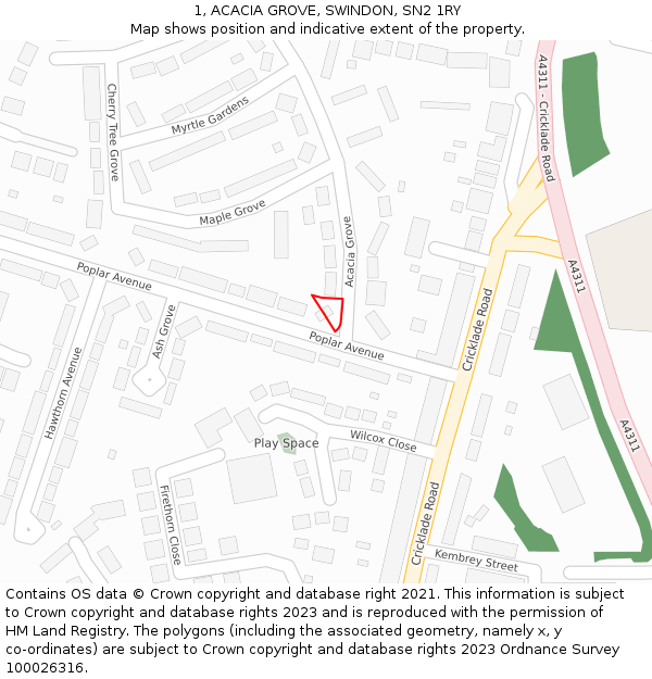 1, ACACIA GROVE, SWINDON, SN2 1RY: Location map and indicative extent of plot