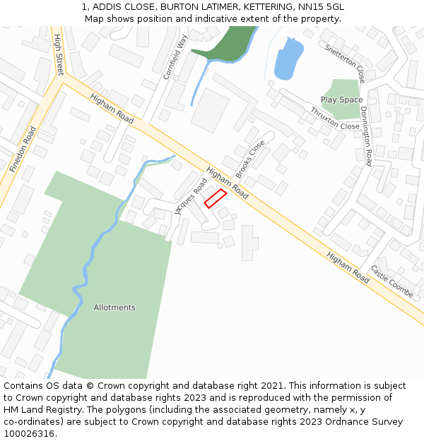 1, ADDIS CLOSE, BURTON LATIMER, KETTERING, NN15 5GL: Location map and indicative extent of plot