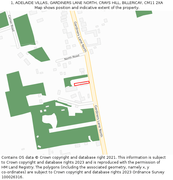 1, ADELAIDE VILLAS, GARDINERS LANE NORTH, CRAYS HILL, BILLERICAY, CM11 2XA: Location map and indicative extent of plot