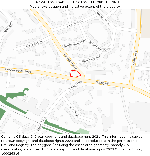 1, ADMASTON ROAD, WELLINGTON, TELFORD, TF1 3NB: Location map and indicative extent of plot