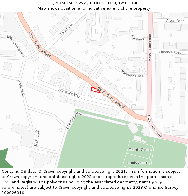 1, ADMIRALTY WAY, TEDDINGTON, TW11 0NL: Location map and indicative extent of plot