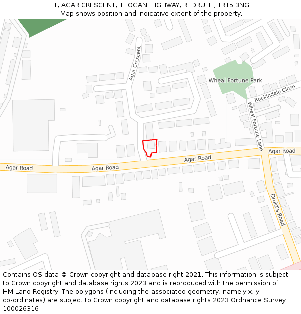 1, AGAR CRESCENT, ILLOGAN HIGHWAY, REDRUTH, TR15 3NG: Location map and indicative extent of plot