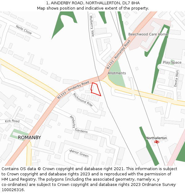 1, AINDERBY ROAD, NORTHALLERTON, DL7 8HA: Location map and indicative extent of plot