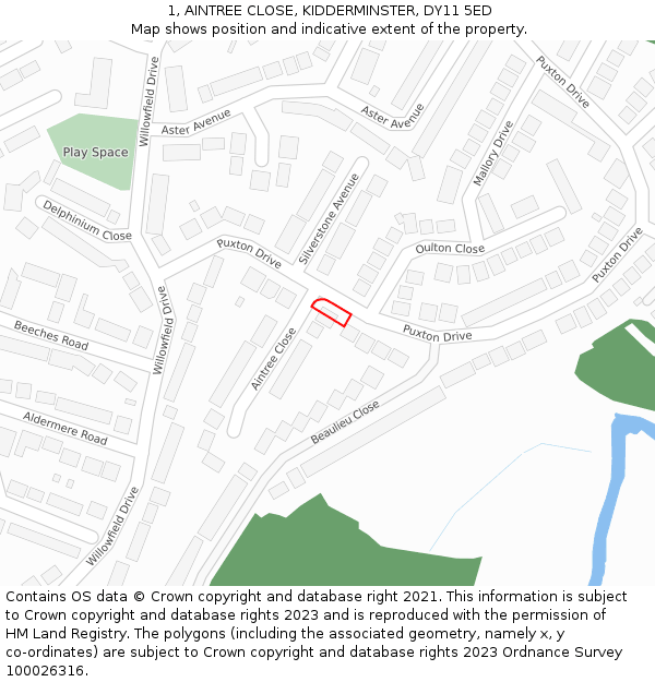 1, AINTREE CLOSE, KIDDERMINSTER, DY11 5ED: Location map and indicative extent of plot