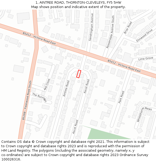 1, AINTREE ROAD, THORNTON-CLEVELEYS, FY5 5HW: Location map and indicative extent of plot