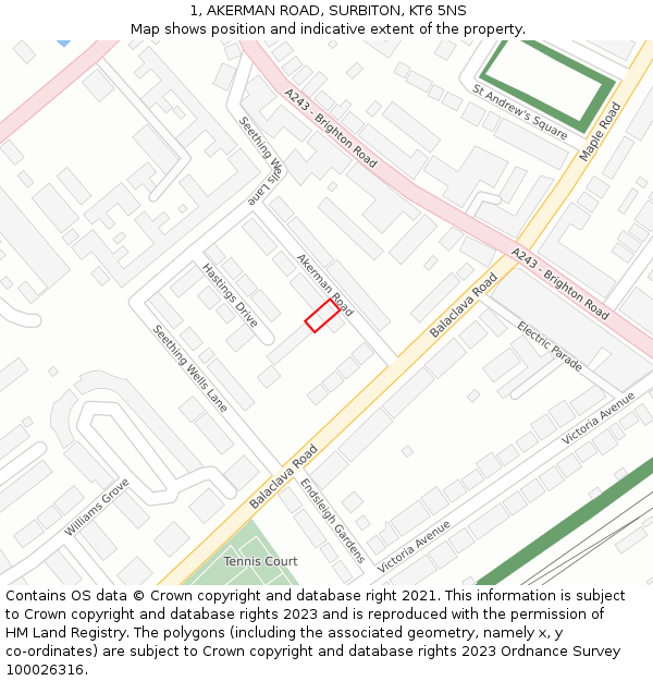 1, AKERMAN ROAD, SURBITON, KT6 5NS: Location map and indicative extent of plot