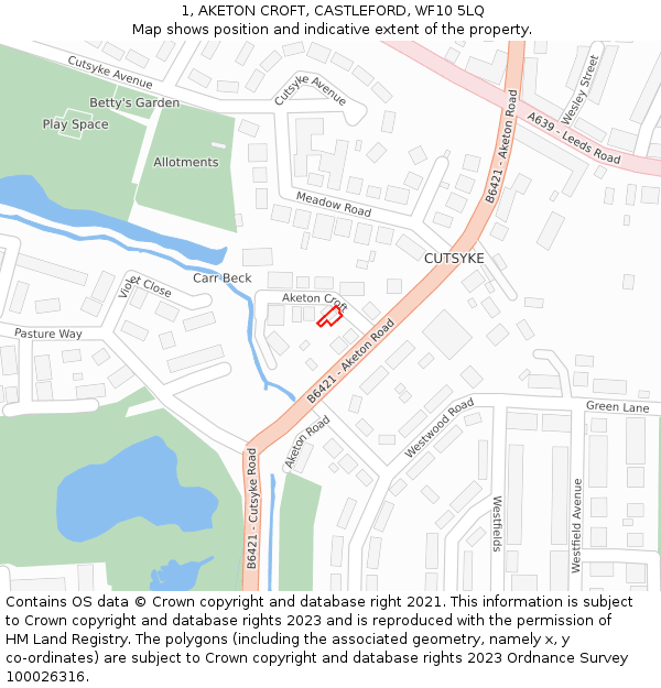 1, AKETON CROFT, CASTLEFORD, WF10 5LQ: Location map and indicative extent of plot