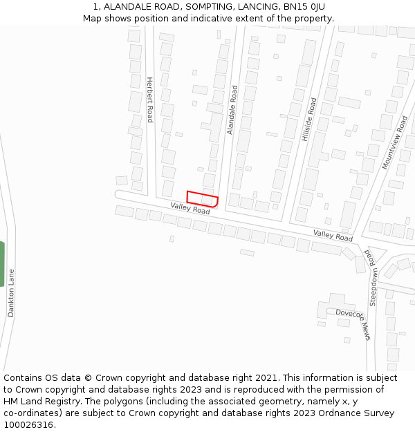 1, ALANDALE ROAD, SOMPTING, LANCING, BN15 0JU: Location map and indicative extent of plot