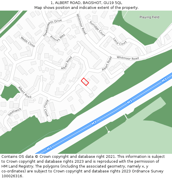 1, ALBERT ROAD, BAGSHOT, GU19 5QL: Location map and indicative extent of plot