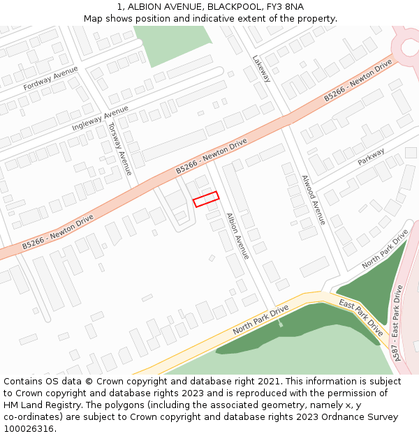 1, ALBION AVENUE, BLACKPOOL, FY3 8NA: Location map and indicative extent of plot