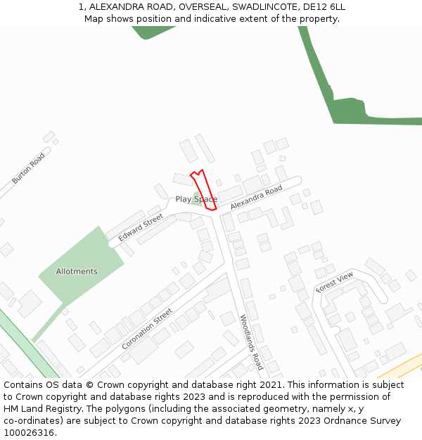 1, ALEXANDRA ROAD, OVERSEAL, SWADLINCOTE, DE12 6LL: Location map and indicative extent of plot