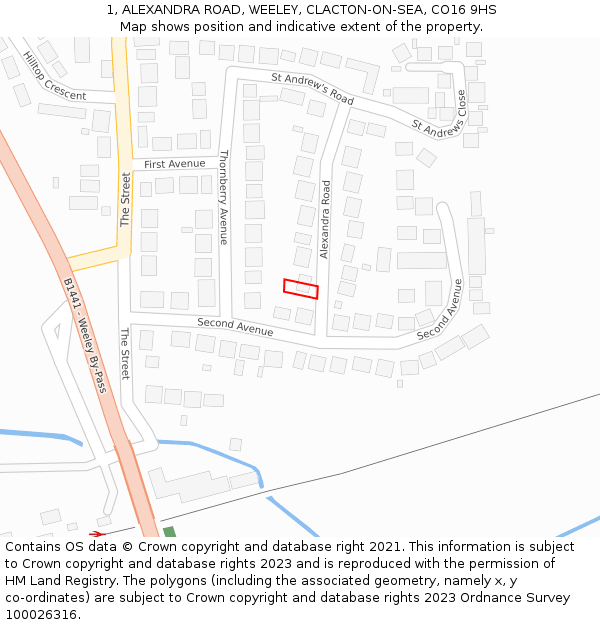 1, ALEXANDRA ROAD, WEELEY, CLACTON-ON-SEA, CO16 9HS: Location map and indicative extent of plot