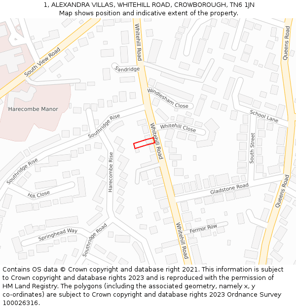 1, ALEXANDRA VILLAS, WHITEHILL ROAD, CROWBOROUGH, TN6 1JN: Location map and indicative extent of plot