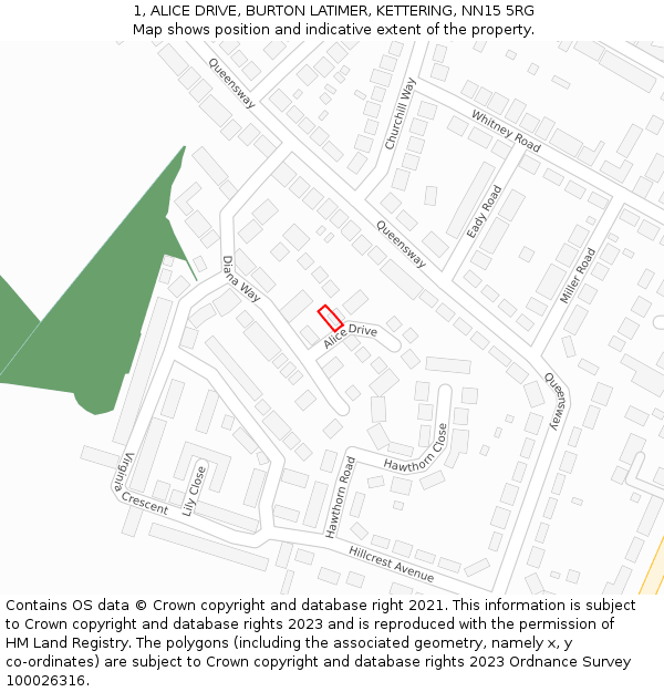 1, ALICE DRIVE, BURTON LATIMER, KETTERING, NN15 5RG: Location map and indicative extent of plot