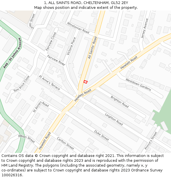 1, ALL SAINTS ROAD, CHELTENHAM, GL52 2EY: Location map and indicative extent of plot