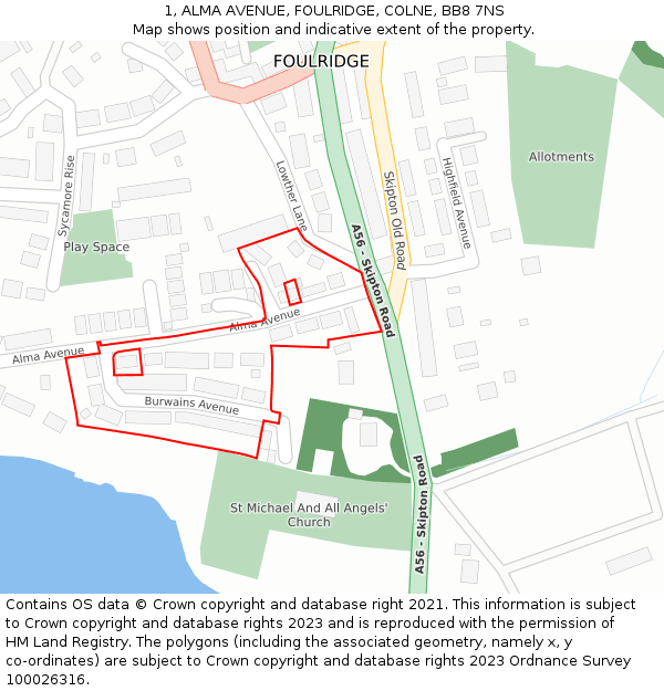 1, ALMA AVENUE, FOULRIDGE, COLNE, BB8 7NS: Location map and indicative extent of plot