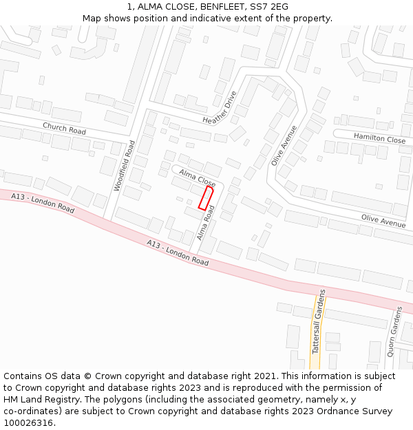 1, ALMA CLOSE, BENFLEET, SS7 2EG: Location map and indicative extent of plot