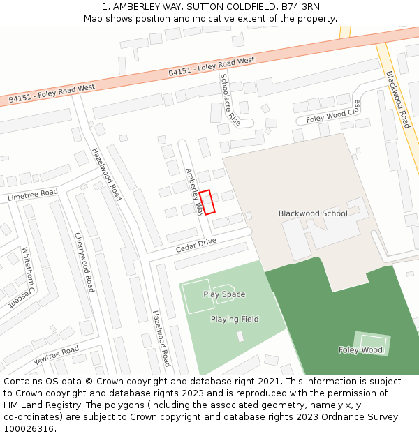 1, AMBERLEY WAY, SUTTON COLDFIELD, B74 3RN: Location map and indicative extent of plot