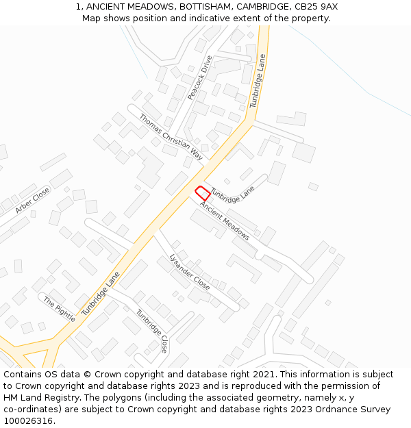 1, ANCIENT MEADOWS, BOTTISHAM, CAMBRIDGE, CB25 9AX: Location map and indicative extent of plot