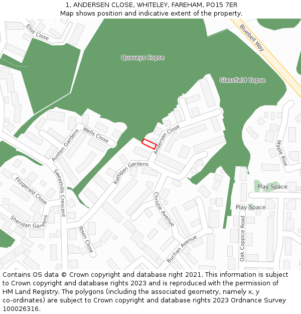 1, ANDERSEN CLOSE, WHITELEY, FAREHAM, PO15 7ER: Location map and indicative extent of plot