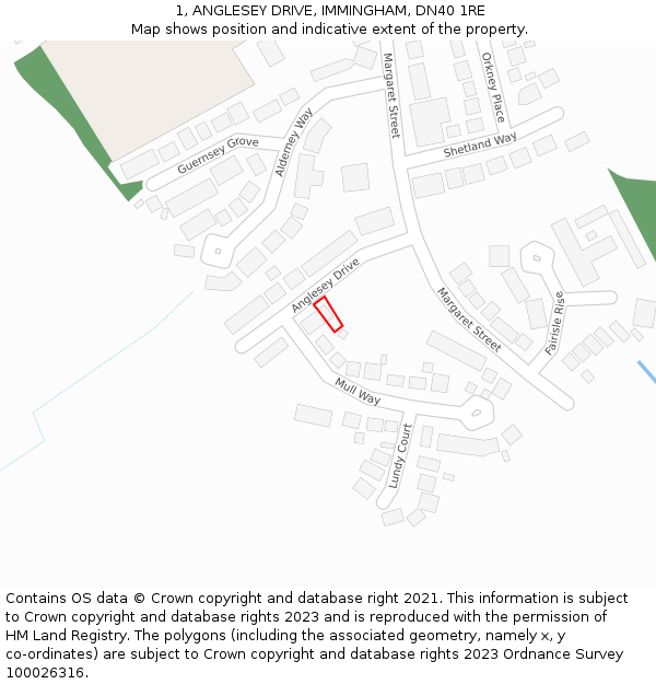 1, ANGLESEY DRIVE, IMMINGHAM, DN40 1RE: Location map and indicative extent of plot