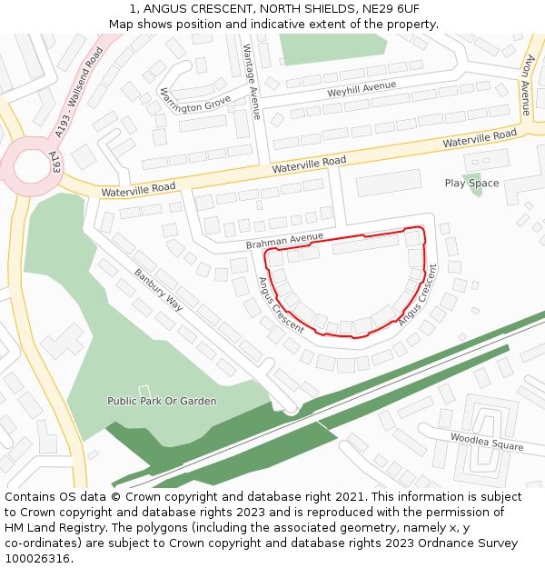 1, ANGUS CRESCENT, NORTH SHIELDS, NE29 6UF: Location map and indicative extent of plot