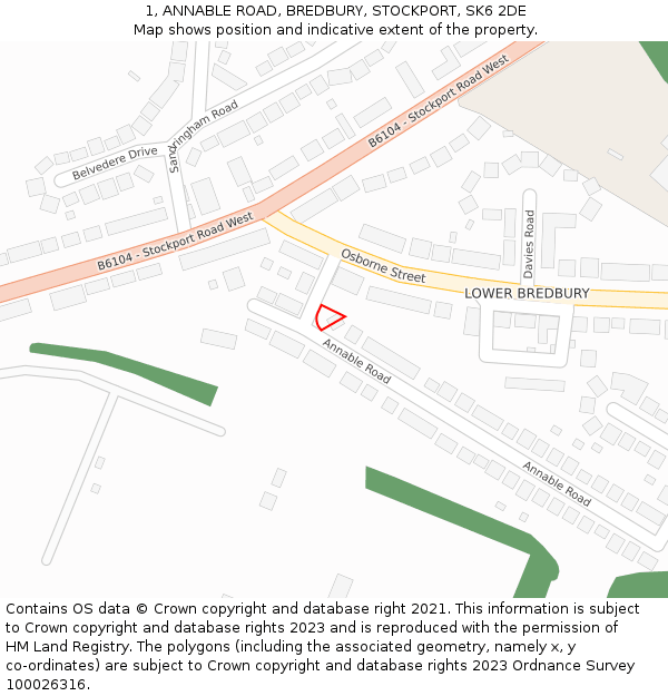 1, ANNABLE ROAD, BREDBURY, STOCKPORT, SK6 2DE: Location map and indicative extent of plot