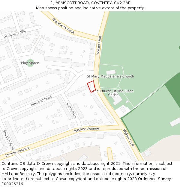 1, ARMSCOTT ROAD, COVENTRY, CV2 3AF: Location map and indicative extent of plot