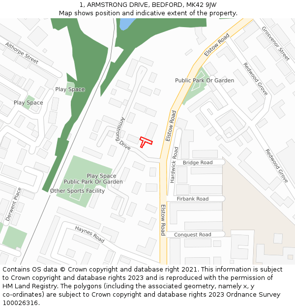 1, ARMSTRONG DRIVE, BEDFORD, MK42 9JW: Location map and indicative extent of plot