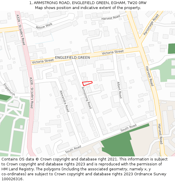 1, ARMSTRONG ROAD, ENGLEFIELD GREEN, EGHAM, TW20 0RW: Location map and indicative extent of plot