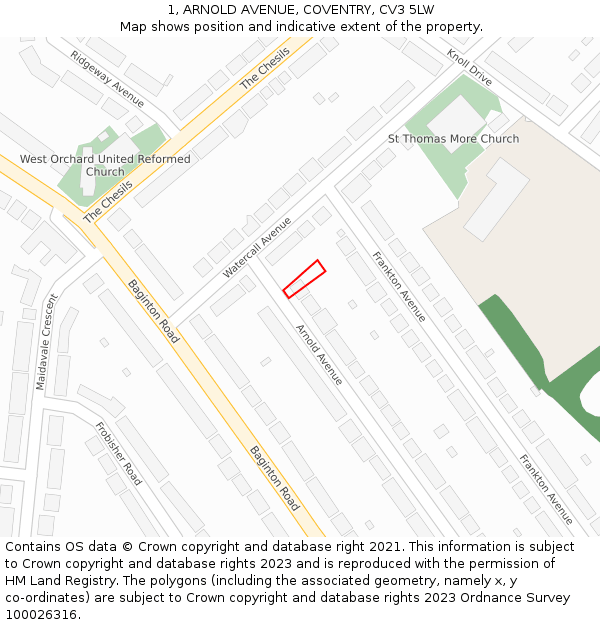 1, ARNOLD AVENUE, COVENTRY, CV3 5LW: Location map and indicative extent of plot