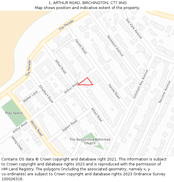 1, ARTHUR ROAD, BIRCHINGTON, CT7 9NG: Location map and indicative extent of plot