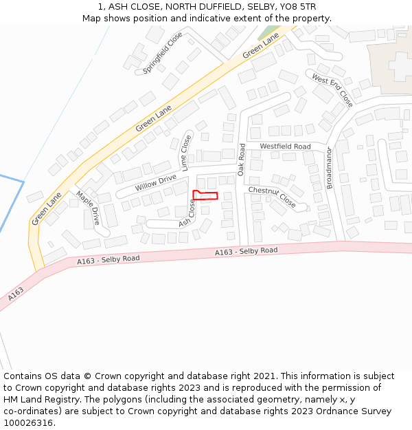1, ASH CLOSE, NORTH DUFFIELD, SELBY, YO8 5TR: Location map and indicative extent of plot