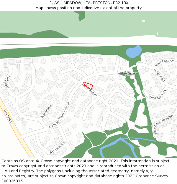 1, ASH MEADOW, LEA, PRESTON, PR2 1RX: Location map and indicative extent of plot