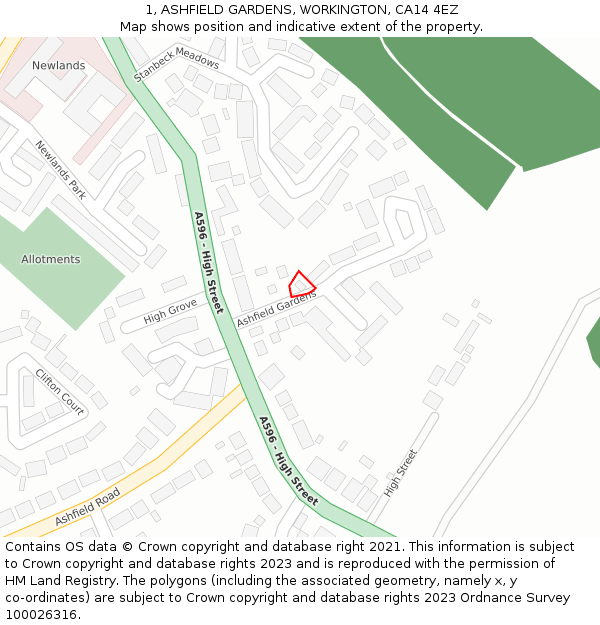 1, ASHFIELD GARDENS, WORKINGTON, CA14 4EZ: Location map and indicative extent of plot