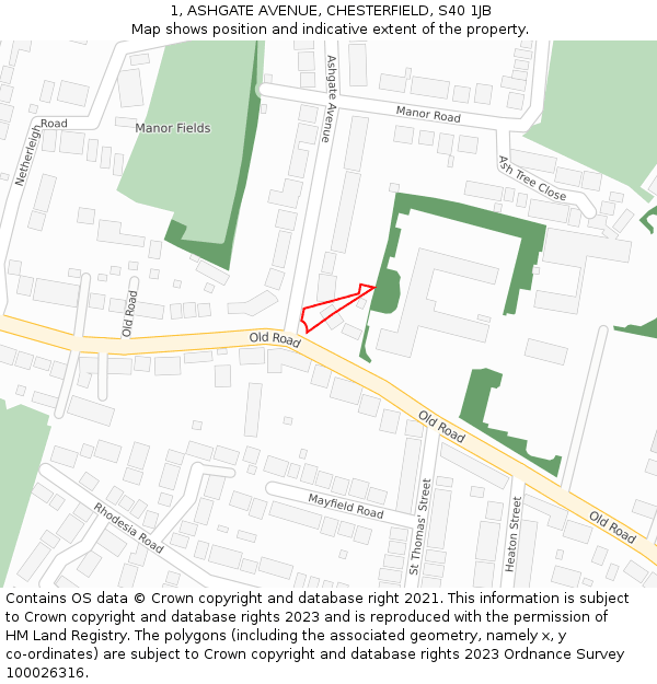 1, ASHGATE AVENUE, CHESTERFIELD, S40 1JB: Location map and indicative extent of plot